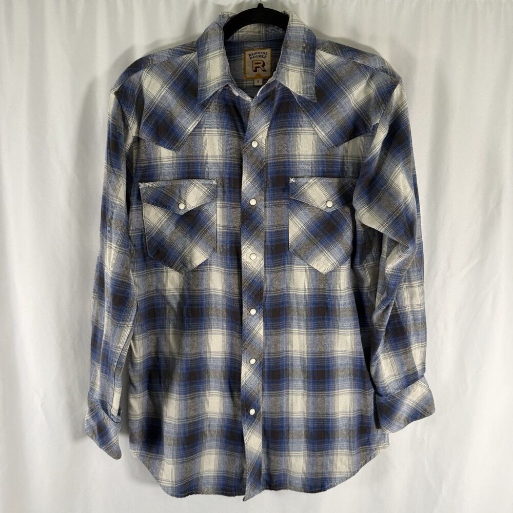 Resistol Double Pearl Snap Shirt Men's Small Blue White Plaid Button Up Flannel